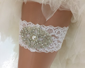 White Lace Bridal Garter: Pearl Bling Wedding Accessory