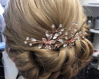 ローズゴールドブライダルヘアピン：花と葉のヘッドピース