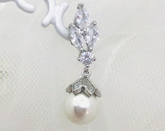 Silver Earrings, Bridal Earrings, Drop Earrings, Pierced Earrings, Pearl Wedding Earrings - HARPER