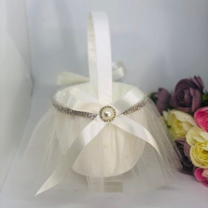 Flower Girl Basket, Ivory Bling Flower Girl Basket, Flower Basket, Satin Flower Girl Basket - MADISON IVORY