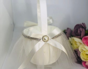 Flower Girl Basket, Ivory Bling Flower Girl Basket, Flower Basket, Satin Flower Girl Basket - MADISON IVORY