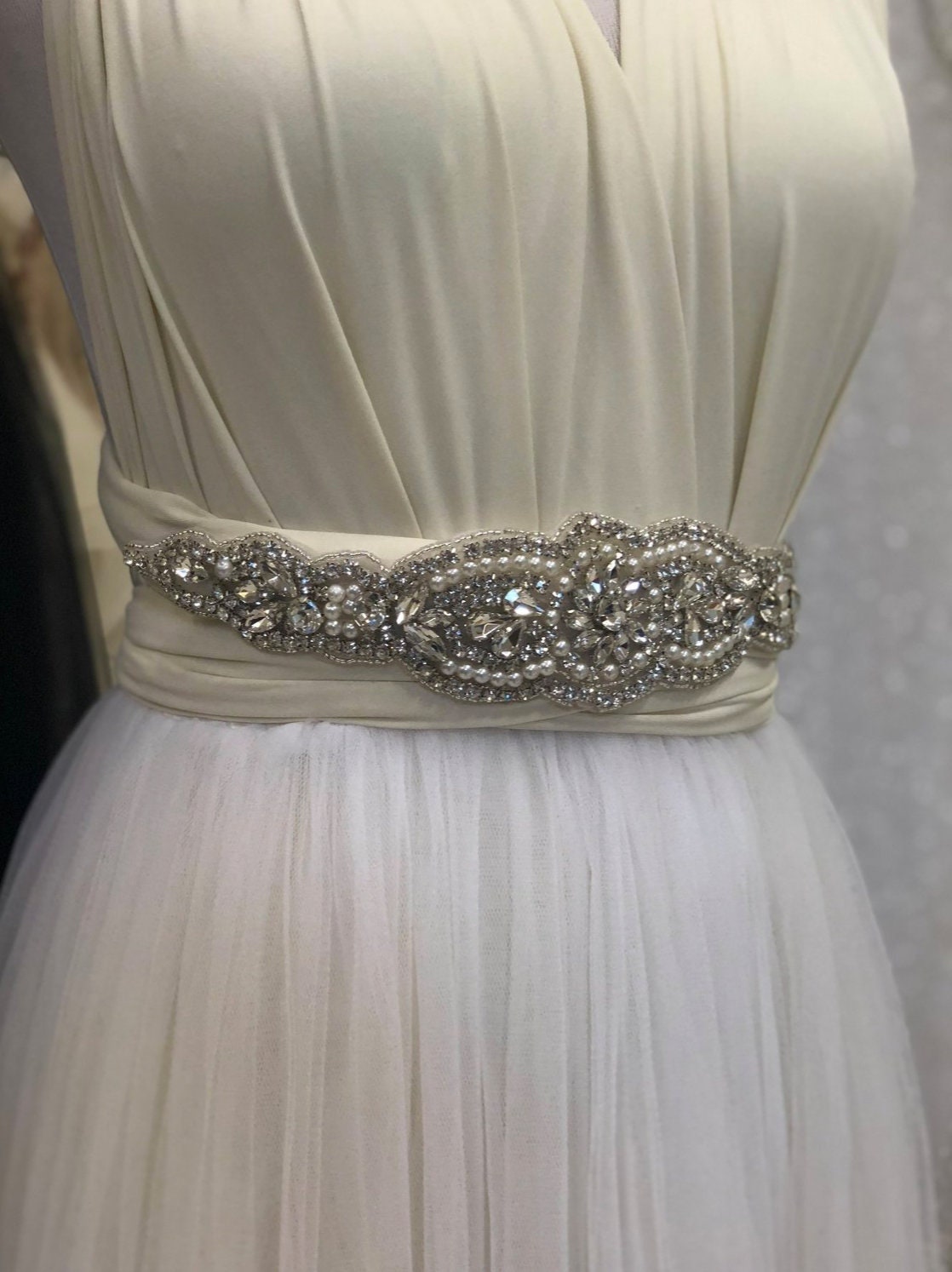 Cinturón De Novia Con Estrás Y Flores - Accesorio Brillante Para Vestido De Boda, Plateado, 128 Cm