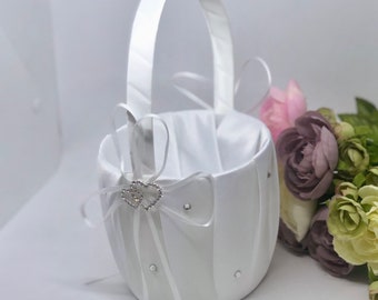 Flower Girl Basket, Ivory Bling Basket, White Bling Flower Girl Basket, Flower Basket, Satin Flower Girl Basket - VICKY