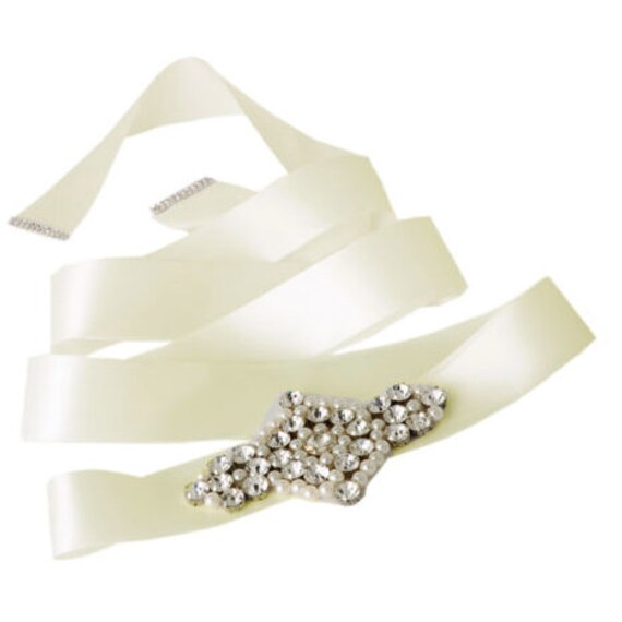 BRAND NEW Nina Ivory Crystal Bead Bridal Belt/Sash Nina Bridal Isabelle POWDERED SAND Satin Jeweled Sash Belt  main image 3