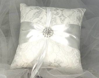 Ivory Lace Ring Pillow: Bling Crystal Center, 15cm Square - LANCE