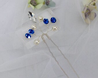 Silver Hair Pins, Something Blue, Bridal Hair Pins, Royal Blue Hair Pins, Bridal Headpiece, Bridal Hairpiece - KAYLA