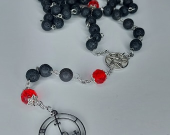 Lilith Rosary Prayer Beads Lava Stone and Glass Witches Ladder With Pentagram and Lilith Sigil Gothic Necklace