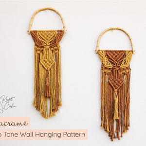 May include: Two macrame wall hangings with a geometric pattern in shades of brown and yellow. The hangings are made with natural fibers and have a wooden dowel at the top.