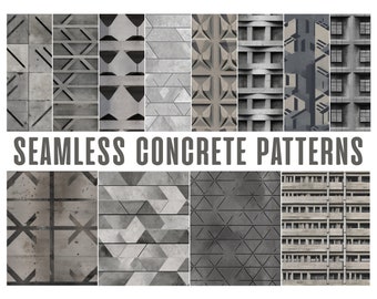 May include: A collection of 12 seamless concrete patterns in various geometric designs. The patterns are in shades of gray and white.