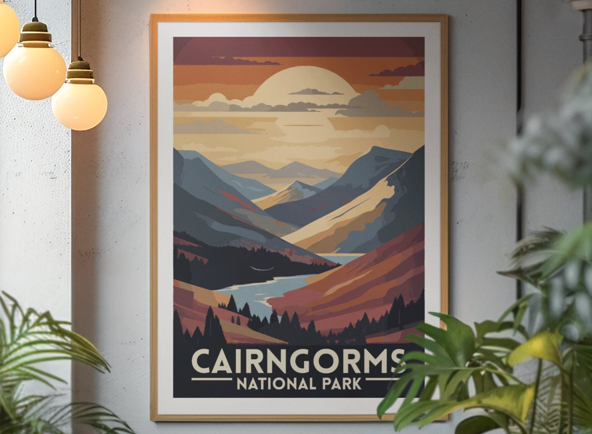 Póster de viaje retro vintage del Parque Nacional Cairngorms Escocia Reino Unido