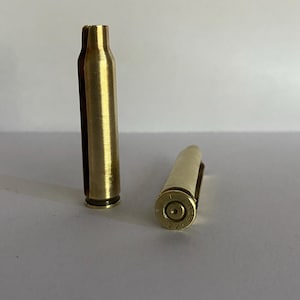 May include: Two gold-colored empty bullet casings. The casing on the left is standing upright. The casing on the right is lying on its side. The casing on the right has the text "223 REM" printed on it.