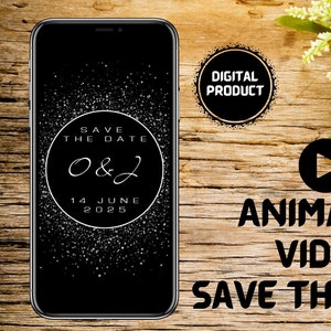 Video: Save the Date, geanimeerde evenementaankondiging, zwart-wit feestavond, uitnodiging digitale smartphone, milieuvriendelijke canva-sjabloon