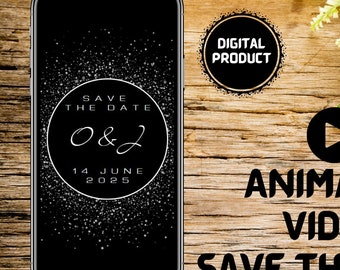 Modello Canva animato in bianco e nero per "Save the Date" digitale