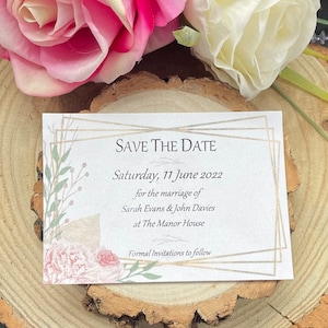 Blush Save The Date Karte, Blumen Sparen Die Abendkarte, Pink Datumsankündigung, Polygon Party Save The Dates