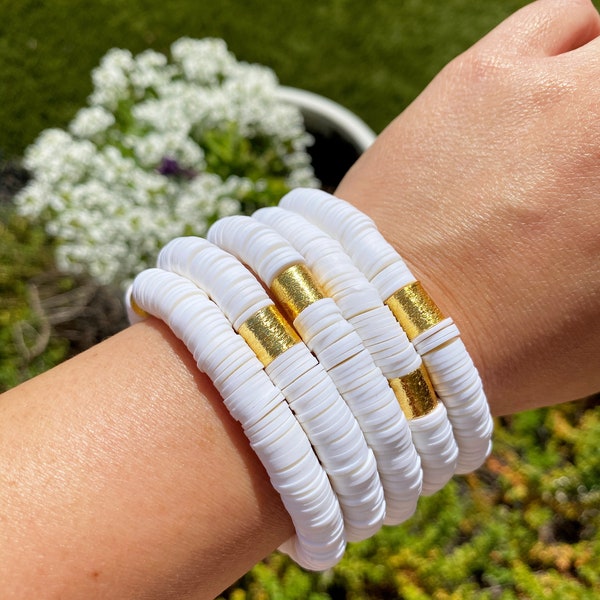 8mm White Heishi Bracelet | Soft African Vinyl Disc Bracelet | Filo Clay Bracelet