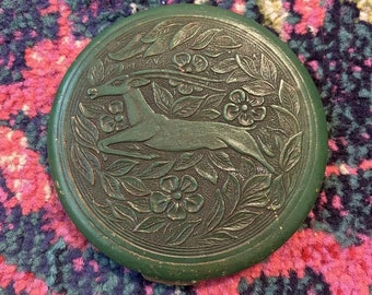 1940’s authentic Antique Rex Fifth Avenue Embossed Leather Gazelle Compact Powder And Puff