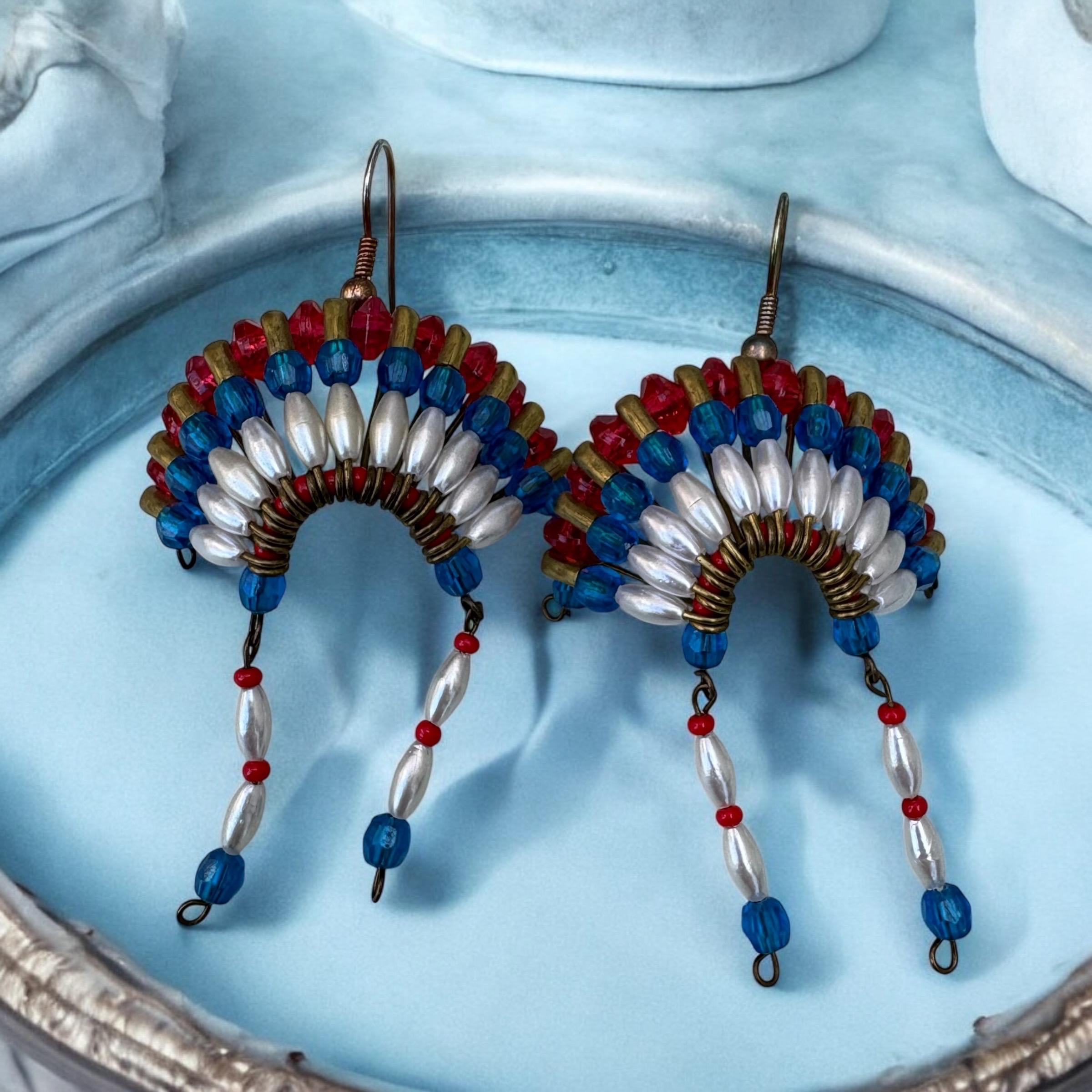 thumbnail interactive-video image 1 of Handmade Native Style Beaded Long Post Earrings - Blue Red Glass Beads On Brass - E60/65 1 of 4