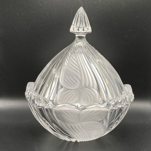 Vintage glass round candy jar with floral details, made in Germany