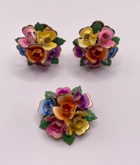 Vintage Austria Demi Parure Floral Enamel Earring… - image 3
