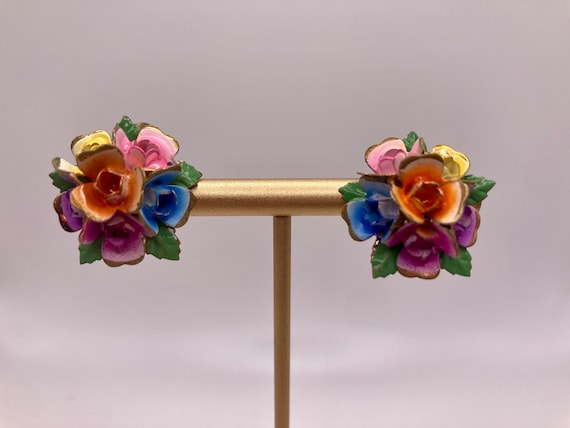Vintage Austria Demi Parure Floral Enamel Earring… - image 1
