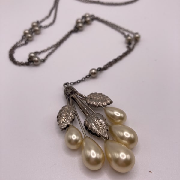 Vintage 1920s Bronze Olive Cluster Pendant Necklace Faux Pearl & Leaves