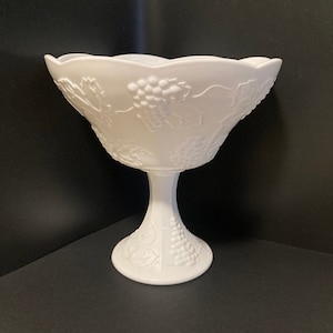 Vintage Milk Glass Pedestal Serving Bowl Harvest grape pattern 7.5" footed