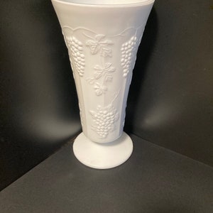 Vintage white Milk Glass  Vase - Harvest grape pattern 10&quot; footed, white vase