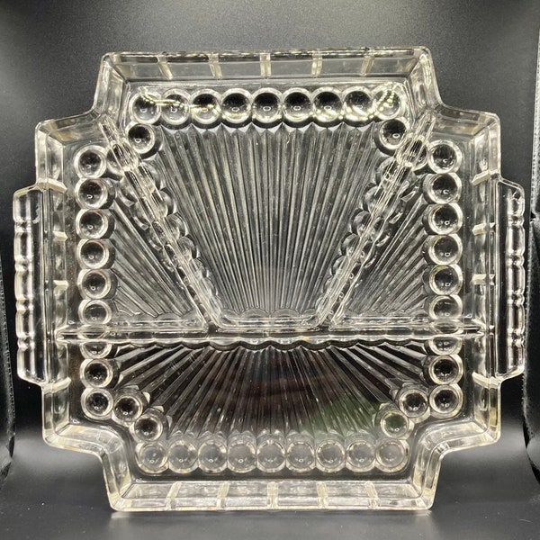 Vintage 1950’s Clear Depression Glass 4-Section 2-Handle Crystal Tray