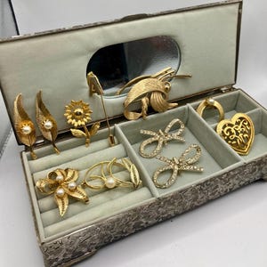 Vintage brooch and pin assortment, Mid Century Gold tone brooches and pins