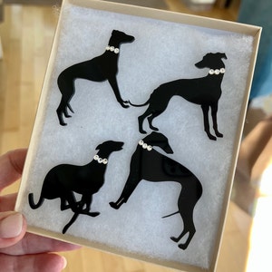 Greyhound/Whippet/Galgo/Sighthound Brooch, Pins or Magnets with Swarovski crystals - Set of four (4) poses