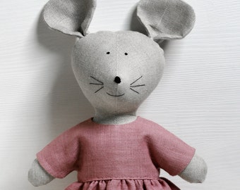 Mouse with  clothes , Fabric mouse toy, Soft pastel toys mice, Mouse doll, Toy mouse, Linen mouse, Toy for baby girl, Linen Toy.