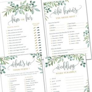 PRINTED Cards - Bridal Shower Games - Set of 4 Activities for 30 Guests - Double Sided Cards - Wedding Shower Games - Eucalyptus