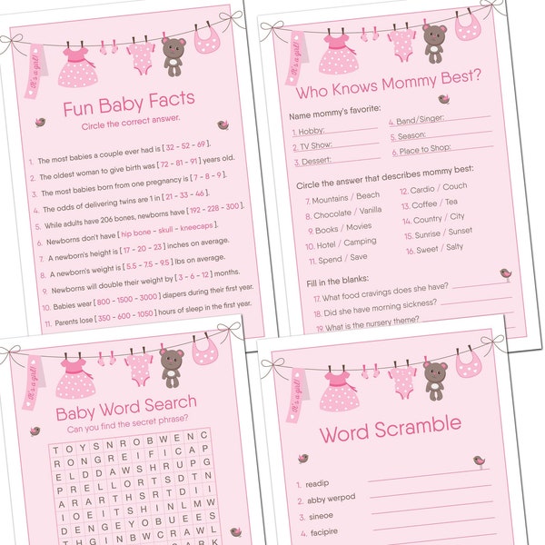 PRINTED Cards - Baby Shower Games for Girl - Set of 4 Activities for 30 Guests - Double Sided Cards - Clothesline