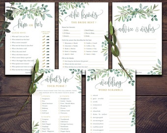 PRINTED Cards - Bridal Shower Games - Set of 5 Activities for 25 Guests - Double Sided Cards - Wedding Shower Games - Eucalyptus