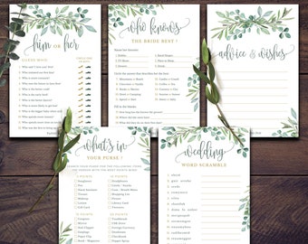 PRINTED Cards - Bridal Shower Games - Set of 5 Activities for 50 Guests - Double Sided Cards - Wedding Shower Games - Eucalyptus