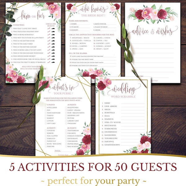 PRINTED Cards - Bridal Shower Games - Set of 5 Activities for 50 Guests - Double Sided Cards - Wedding Shower Games - Rose Gold