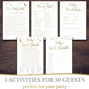 PRINTED Cards - Baby Shower Games - Set of 5 Activities for 50 Guests - Double Sided Cards - Gold Night Stars