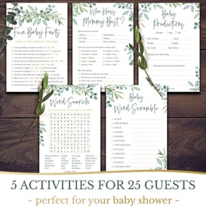 PRINTED Cards - Baby Shower Games - Set of 5 Activities for 25 Guests - Double Sided Cards - Eucalyptus