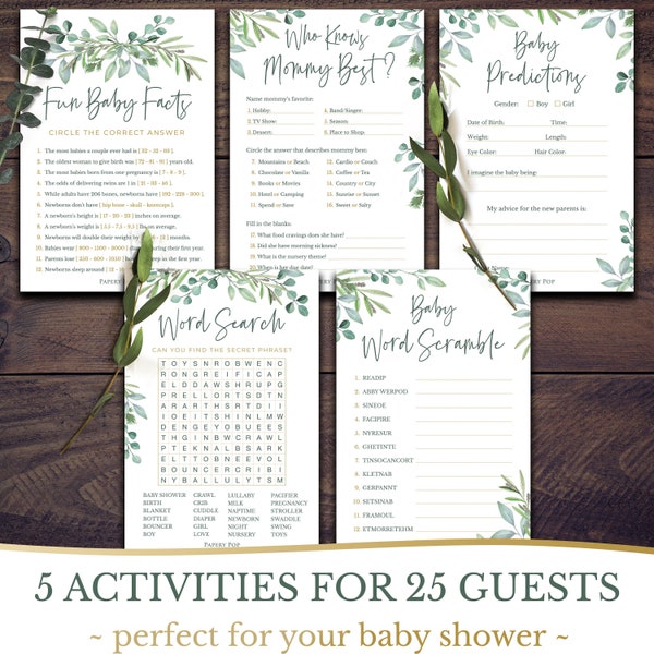 PRINTED Cards - Baby Shower Games - Set of 5 Activities for 25 Guests - Double Sided Cards - Eucalyptus