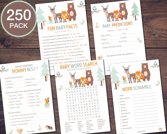 250 PRINTED Cards Baby Shower Games for Boys or Girls Set