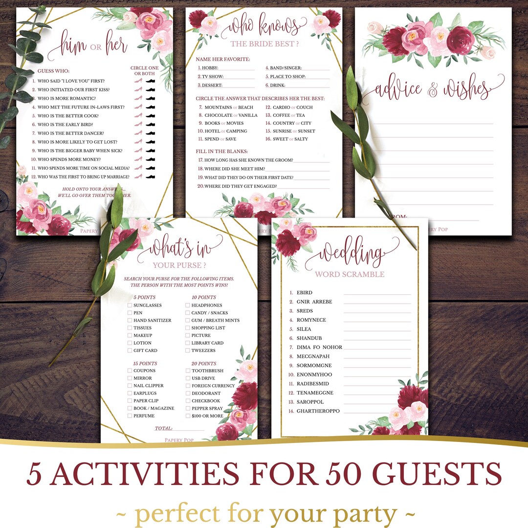 PRINTED Cards Bridal Shower Games Set of 5 Activities for 50 Guests