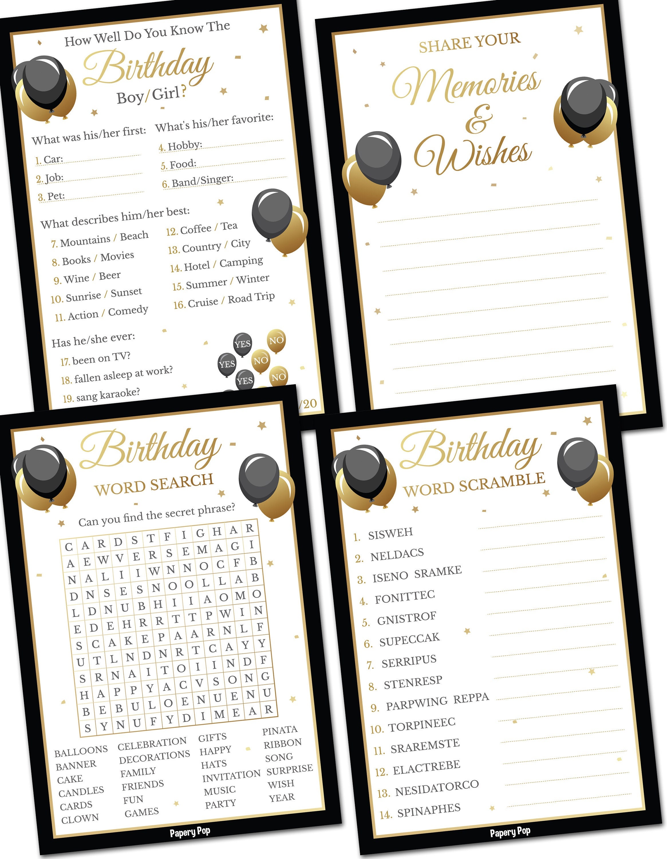PRINTED Cards Birthday Party Games Set of 4 Activities for 30 Guests ...