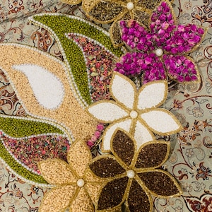 Sofreh Aghd Seven Spice Paisley design with Seven Spice Flowers for Persian Wedding Aroosi