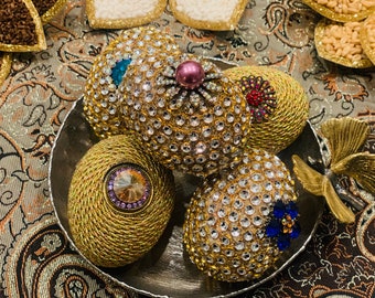 Sofreh Aghd or Haftseen/haftsin Real Size Gold Eggs with Vintage Jewels for your Persian Spread Aroosi