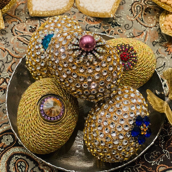 Sofreh Aghd or Haftseen/haftsin Real Size Gold Eggs with Vintage Jewels for your Persian Spread Aroosi