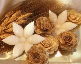 Sofreh Aghd Decorative 7 Rose Bread Flower with Gold Glitter/ 2 White Nabat Flower