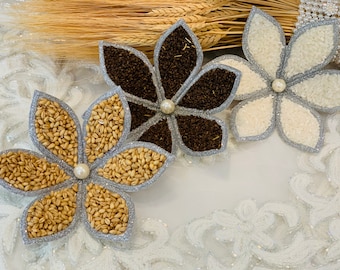 Sofreh Aghd Wheat/Rice/Esfand flower with Silver trim for Persian Wedding