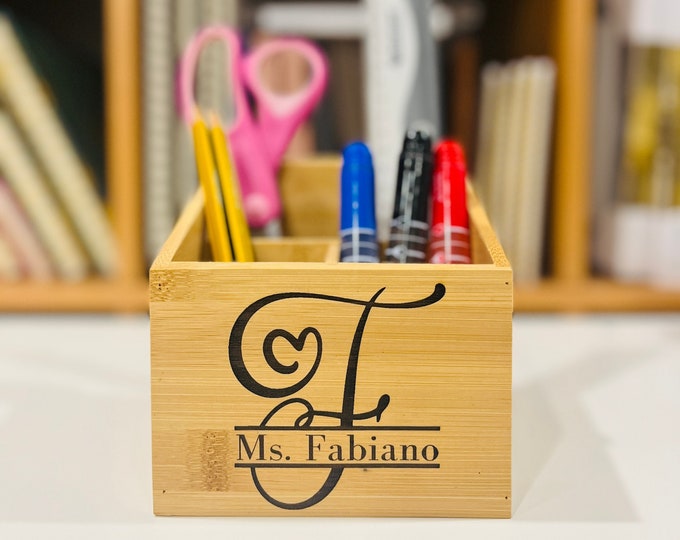 Personalized Teachers Name Desk Organizer Appreciation Unique Gift, Pencil Holder, Name Sign Engraved, Custom Teacher School Christmas Gift