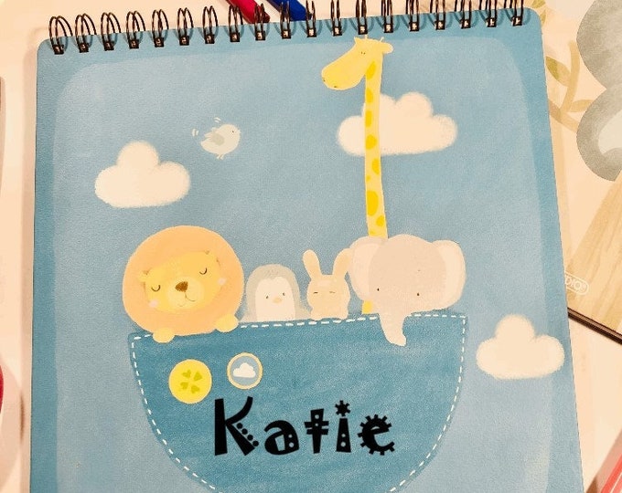 Personalized Sketchbook For Kids, Softcover Notebook, Blank Pages, Sketch Pad With Name & Cute Designs, Coil Bound, Lion Giraffe Zoo Party