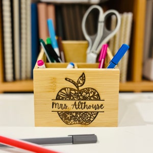 Personalized Teachers Name Desk Organizer Appreciation Unique Gift, Name Sign Bamboo Wood Engraved, Custom Teacher Birthday Christmas Gift
